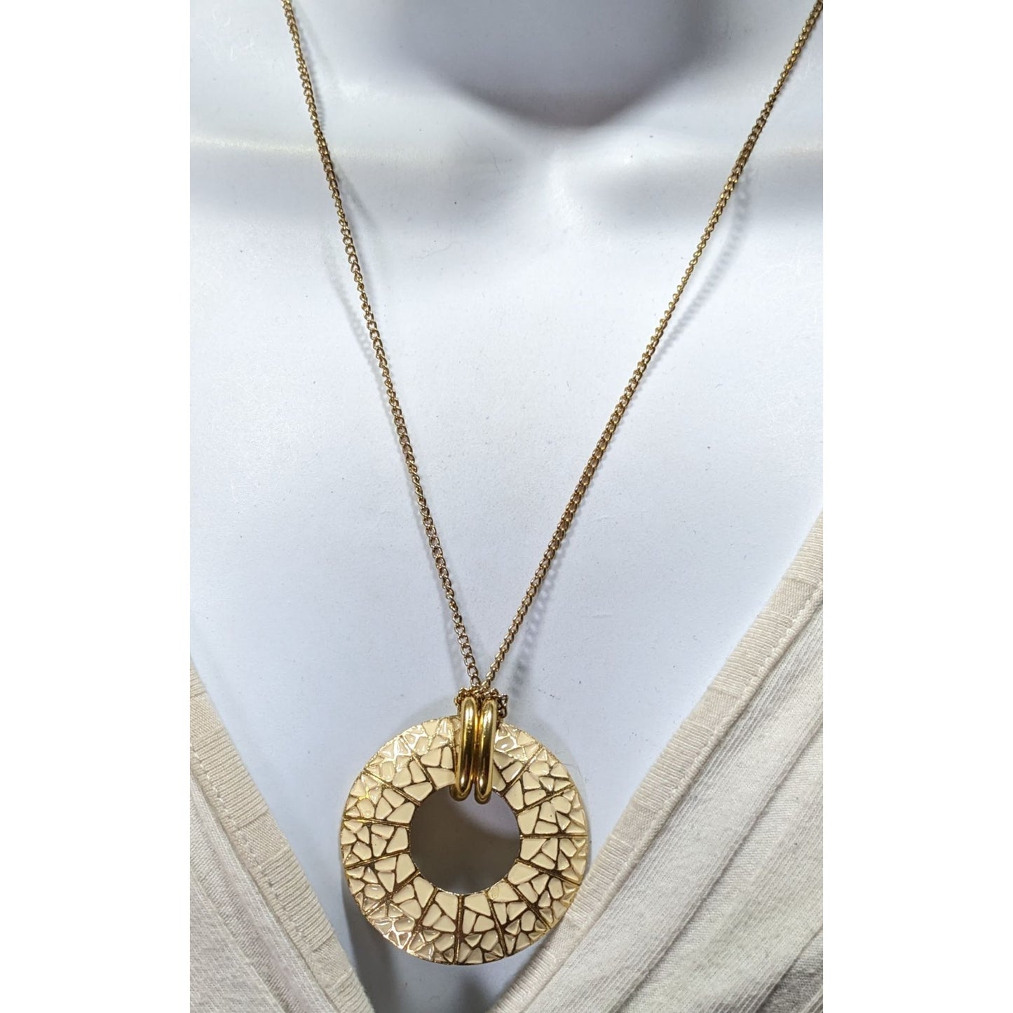 Geometric Cream And Gold Tone Open Disc Pendant Necklace