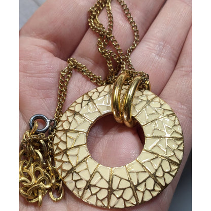 Geometric Cream And Gold Tone Open Disc Pendant Necklace