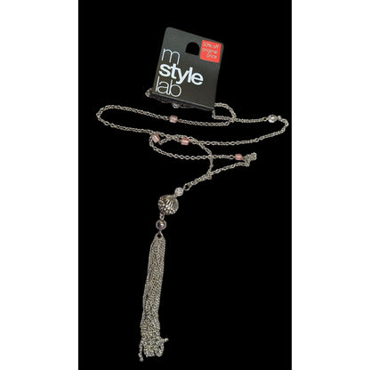 Macy's Style Lab Silver Tone Pink Beaded Tassel Necklace