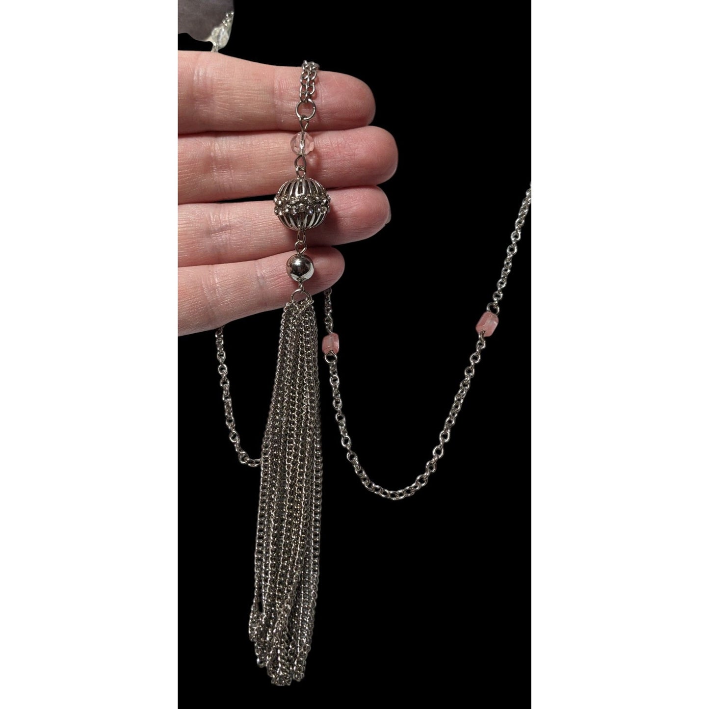 Macy's Style Lab Silver Tone Pink Beaded Tassel Necklace