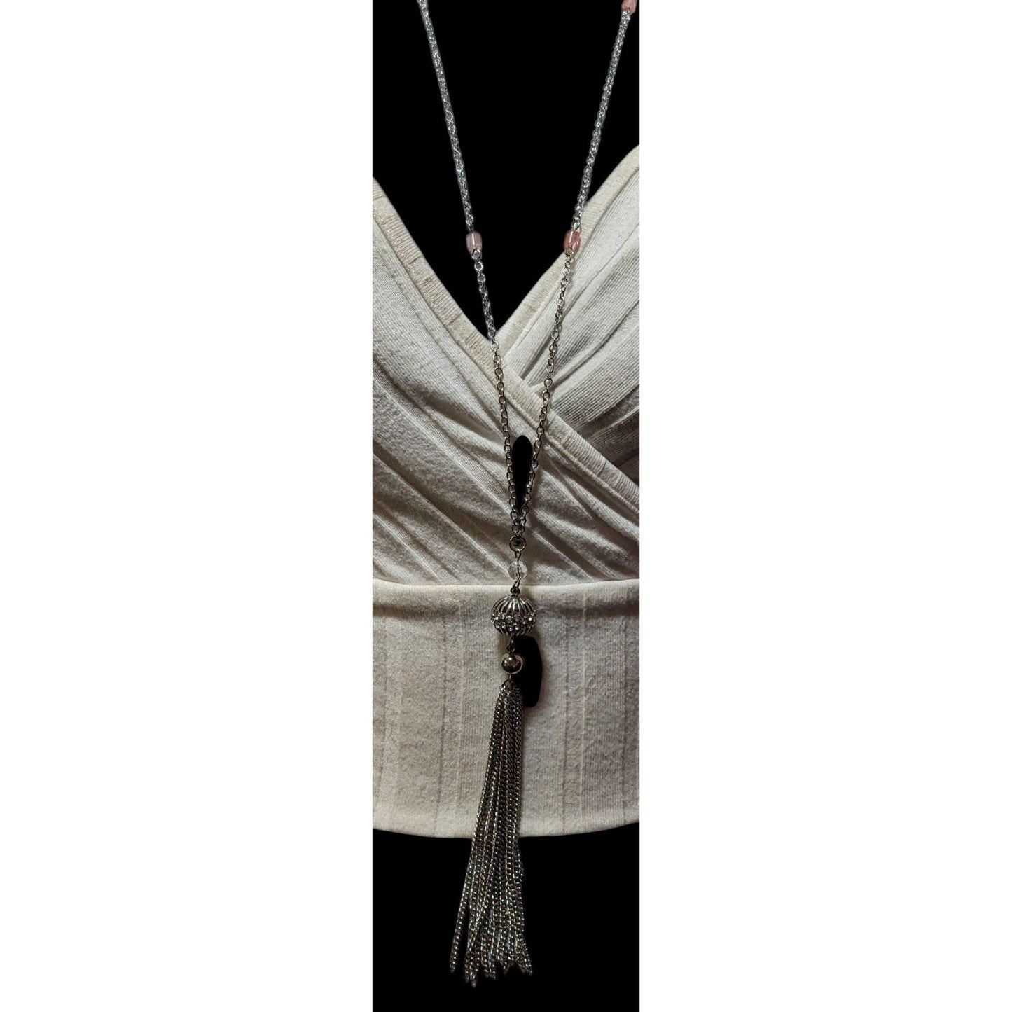 Macy's Style Lab Silver Tone Pink Beaded Tassel Necklace