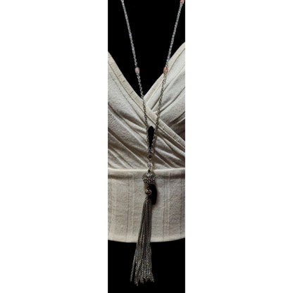 Macy's Style Lab Silver Tone Pink Beaded Tassel Necklace