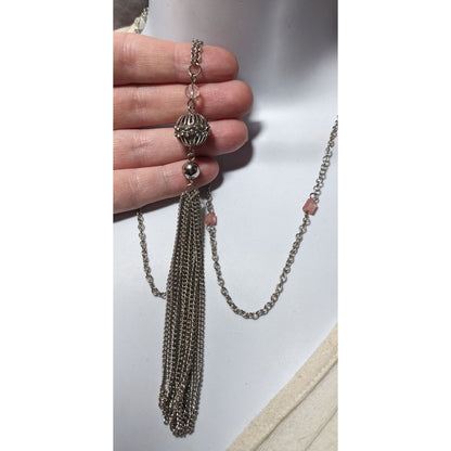 Macy's Style Lab Silver Tone Pink Beaded Tassel Necklace