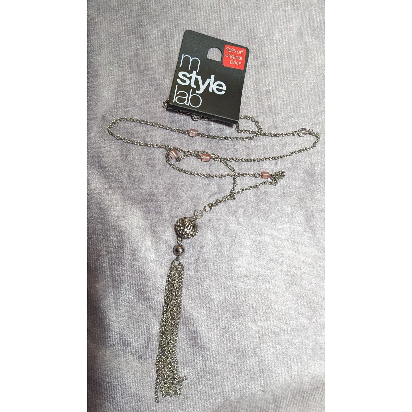 Macy's Style Lab Silver Tone Pink Beaded Tassel Necklace