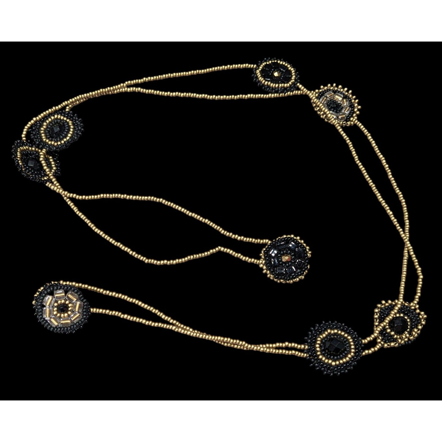 Glass Beaded Necklace Black And Gold Tone With Flower Disc Stations
