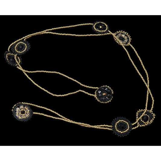 Glass Beaded Necklace Black And Gold Tone With Flower Disc Stations