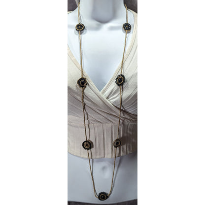 Glass Beaded Necklace Black And Gold Tone With Flower Disc Stations