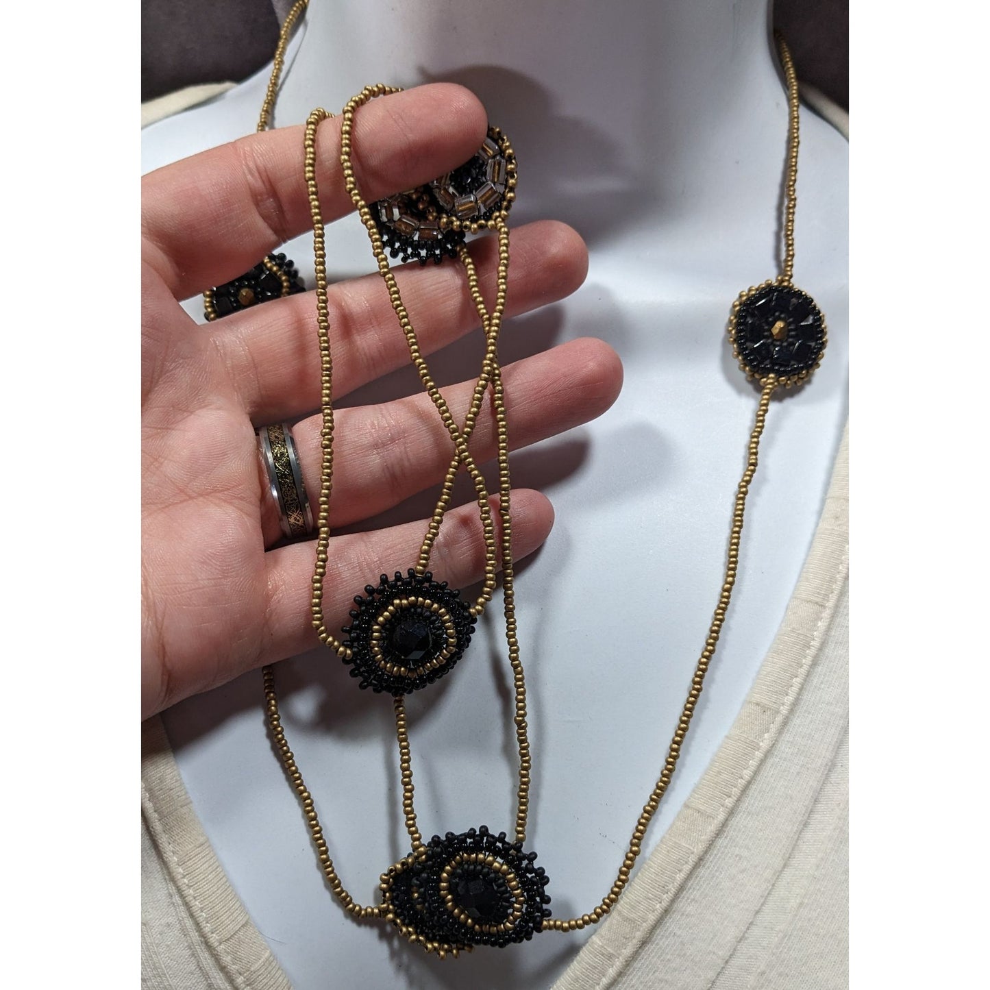 Glass Beaded Necklace Black And Gold Tone With Flower Disc Stations