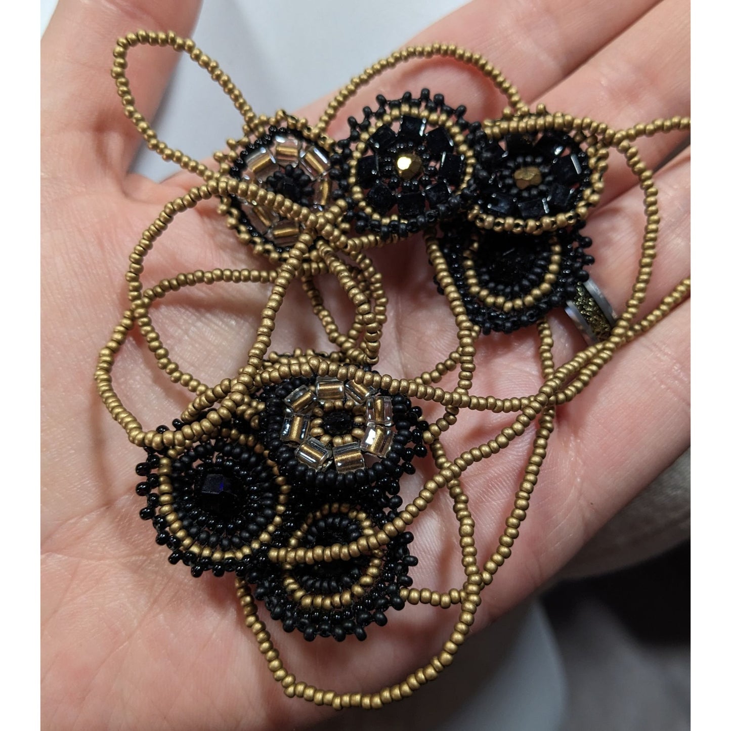 Glass Beaded Necklace Black And Gold Tone With Flower Disc Stations