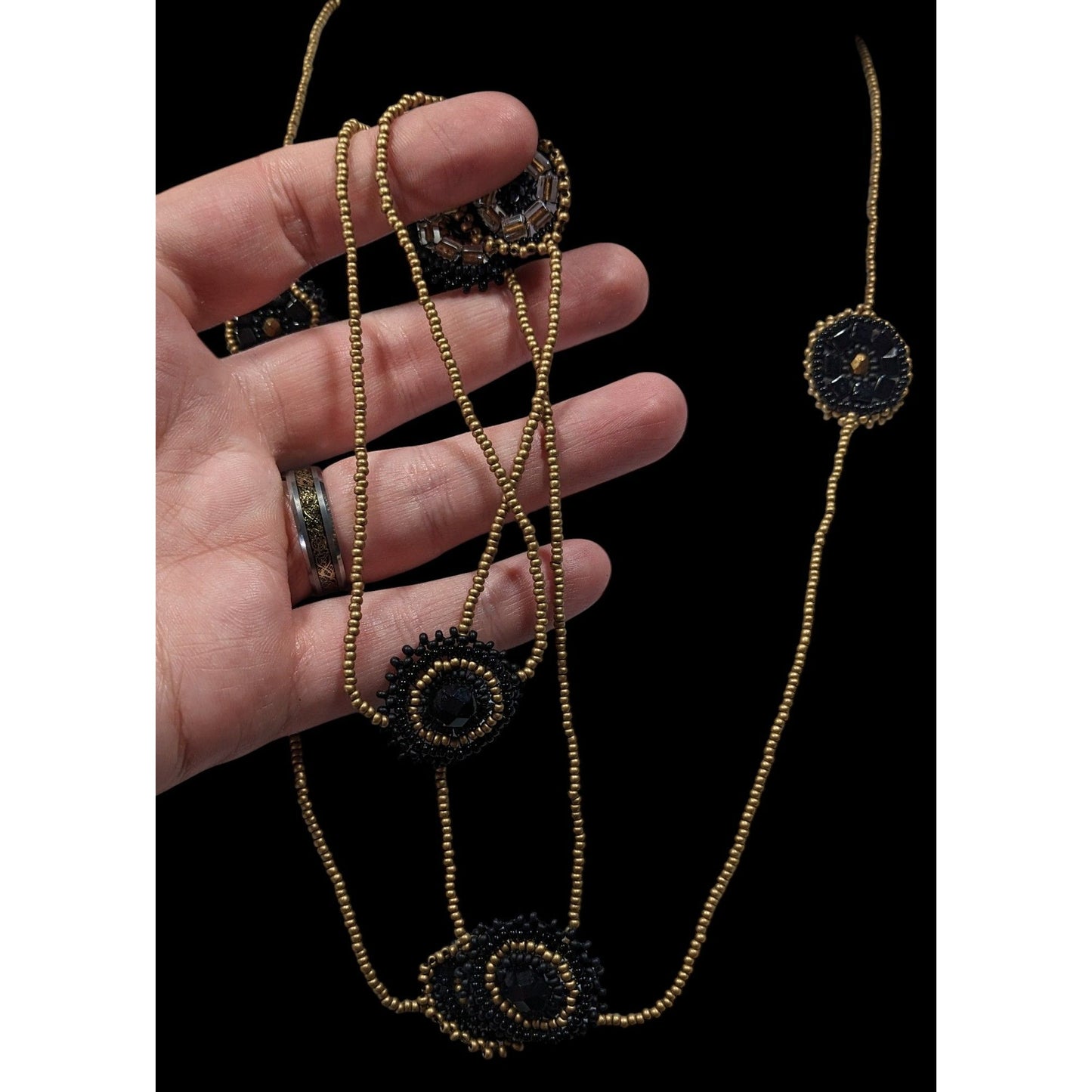 Glass Beaded Necklace Black And Gold Tone With Flower Disc Stations