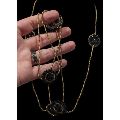 Glass Beaded Necklace Black And Gold Tone With Flower Disc Stations