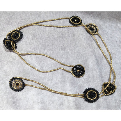 Glass Beaded Necklace Black And Gold Tone With Flower Disc Stations