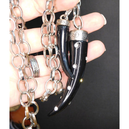 Gothic Rhinestone Claw Black And Silver Tone PendantNecklace