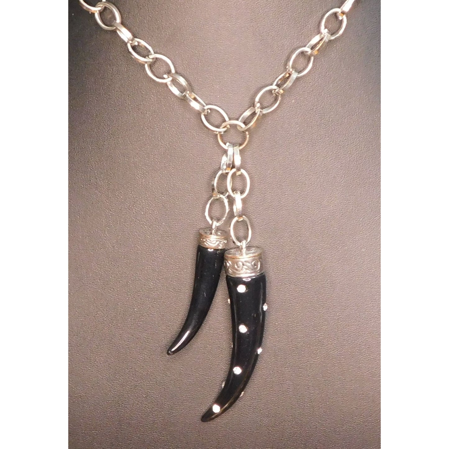 Gothic Rhinestone Claw Black And Silver Tone PendantNecklace