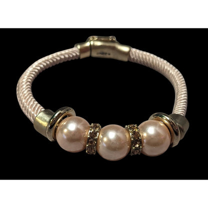 Elegant Glam Chico's Cream And Gold Tone Faux Pearl Rhinestone Rope Bracelet