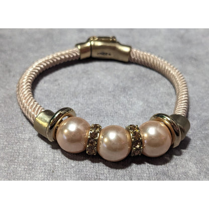 Elegant Glam Chico's Cream And Gold Tone Faux Pearl Rhinestone Rope Bracelet