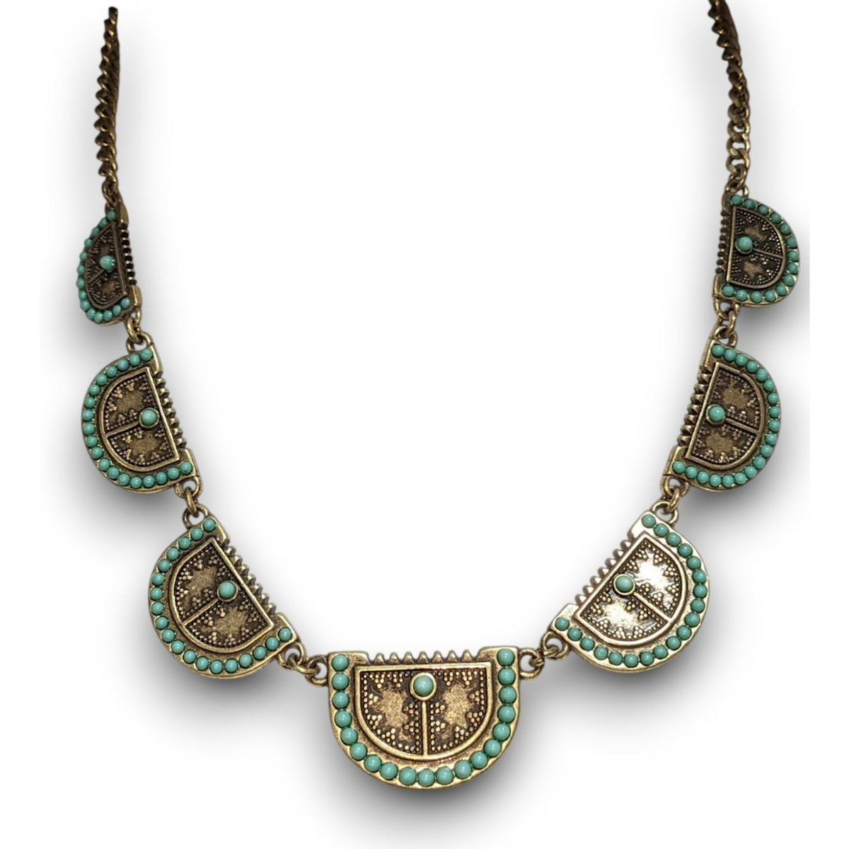 Lucky Brand Southwestern Boho Metal Turquoise Gold Tone Necklace 16 Inch