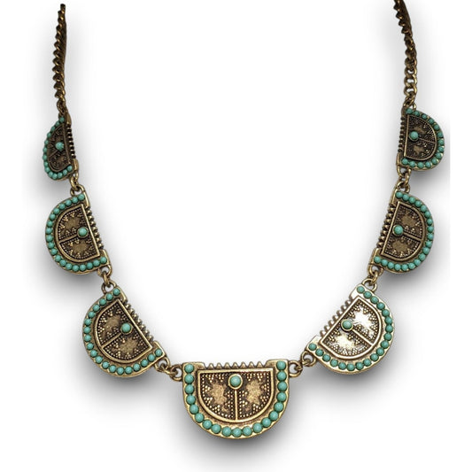 Lucky Brand Southwestern Boho Metal Turquoise Gold Tone Necklace 16 Inch