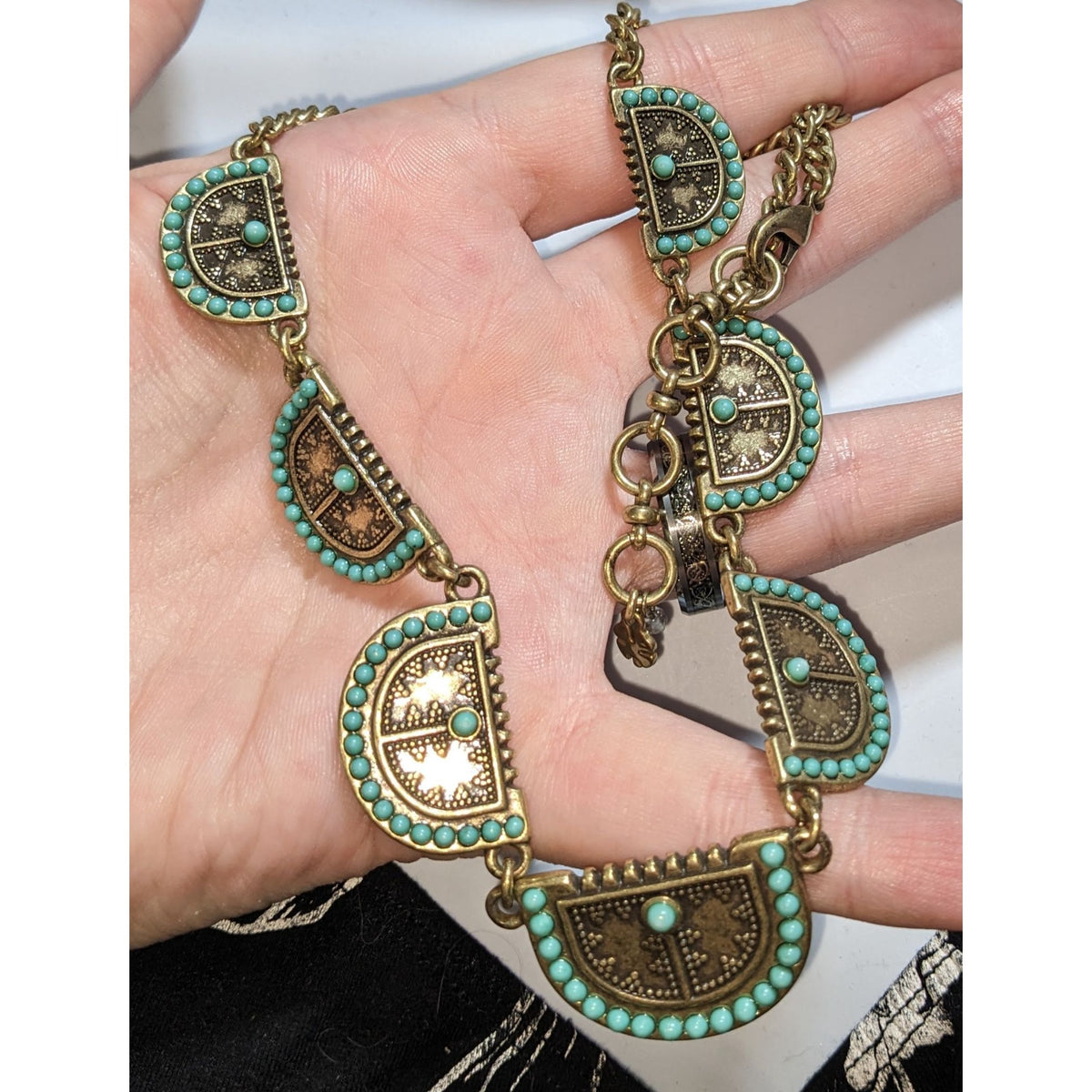 Lucky Brand Southwestern Boho Metal Turquoise Gold Tone Necklace 16 Inch
