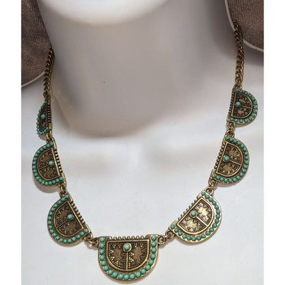 Lucky Brand Southwestern Boho Metal Turquoise Gold Tone Necklace 16 Inch