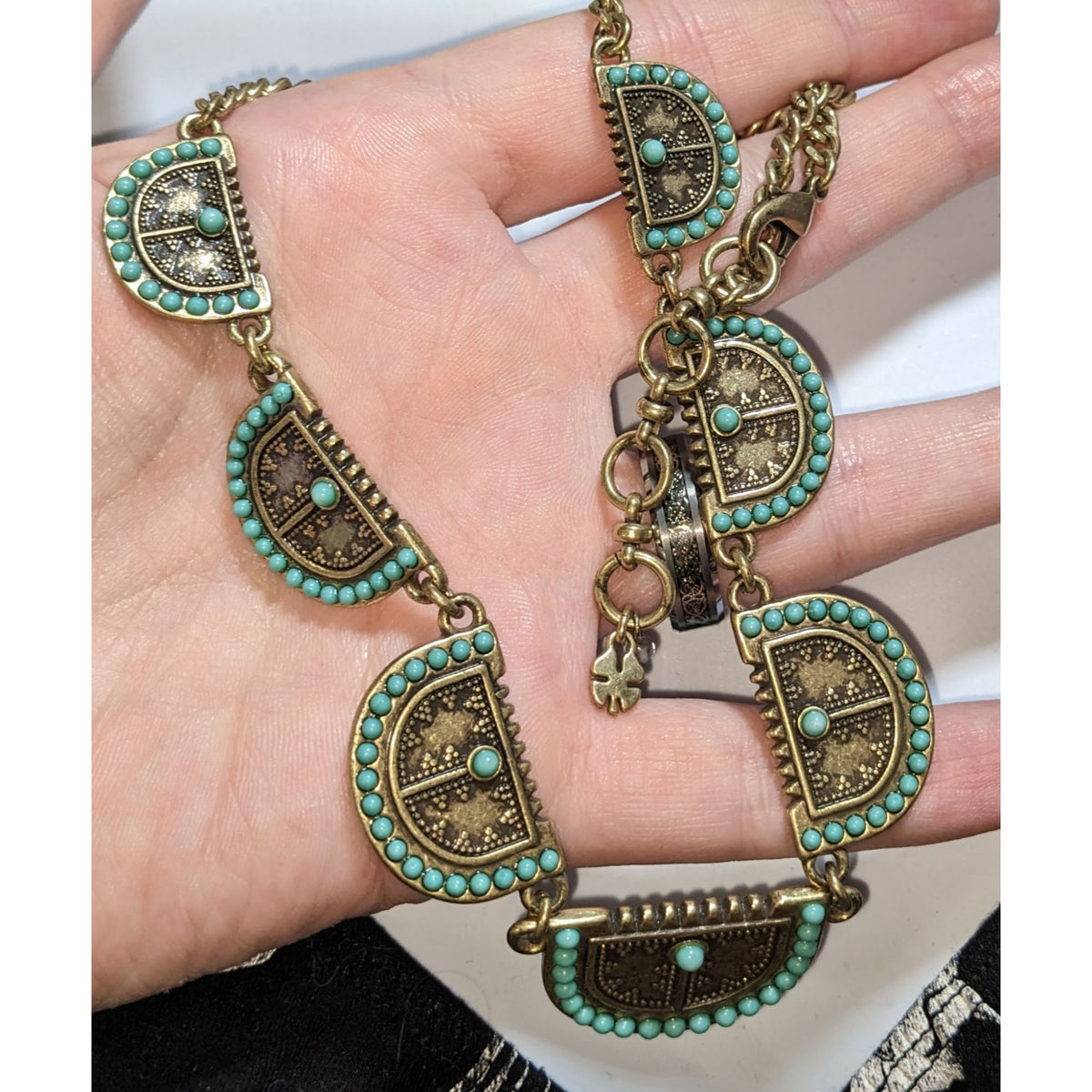 Lucky Brand Southwestern Boho Metal Turquoise Gold Tone Necklace 16 Inch