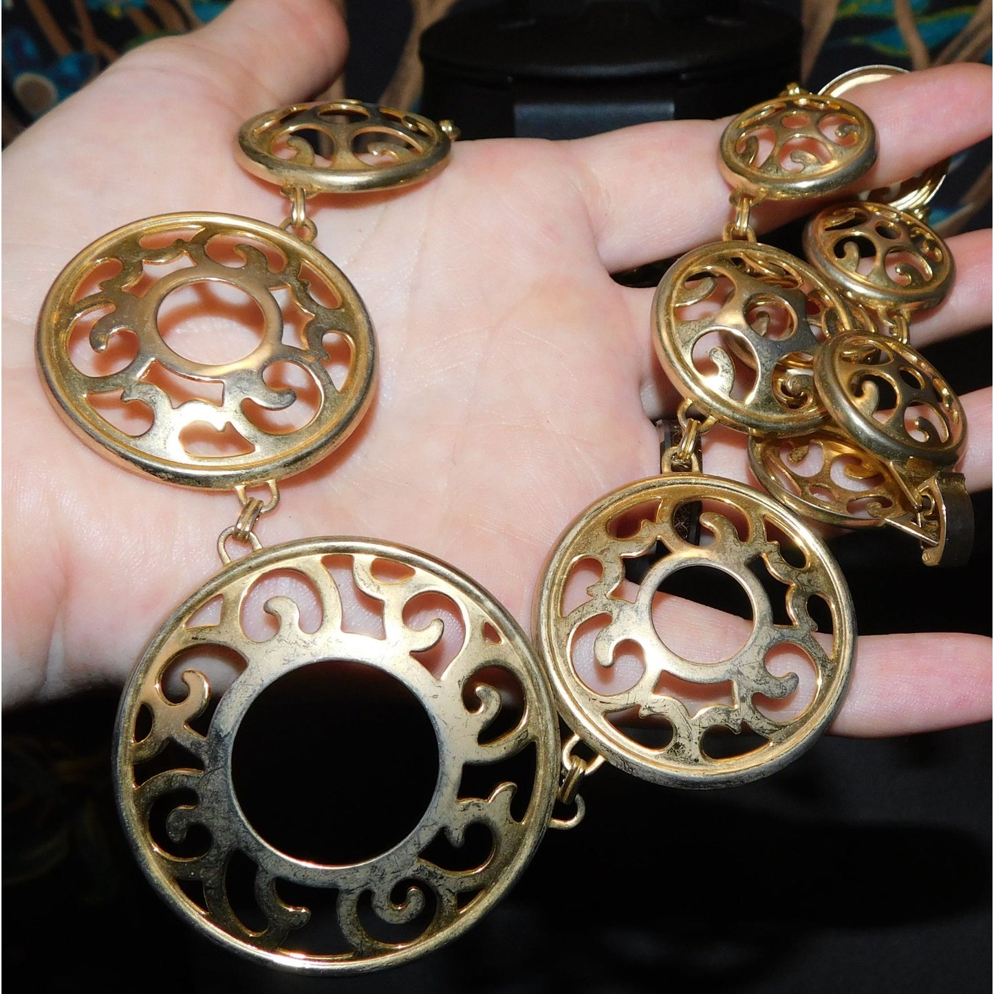 Vintage Filigree Cutout Medallion Gold Tone Necklace