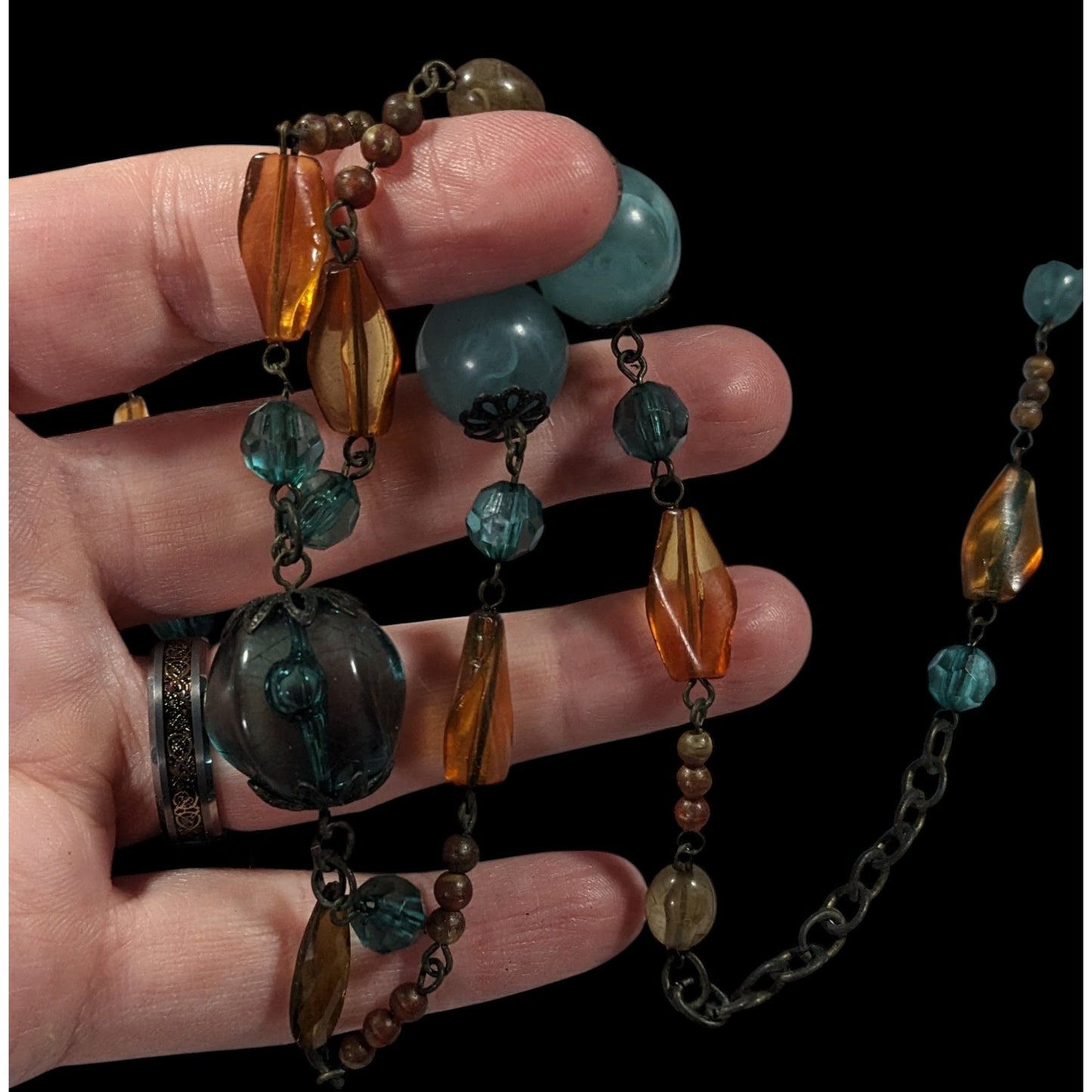 Chunky Bohemian Blue And Orange Gemmed Necklace