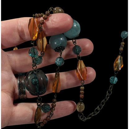 Chunky Bohemian Blue And Orange Gemmed Necklace