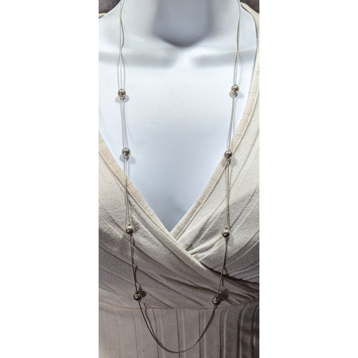 Modern Silver Tone Ball Beaded Station Necklace
