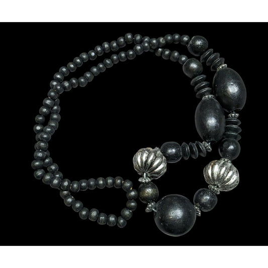 Vintage Black Wood Silver Accent Statement Artisan Necklace Handcrafted Ethnic Boho