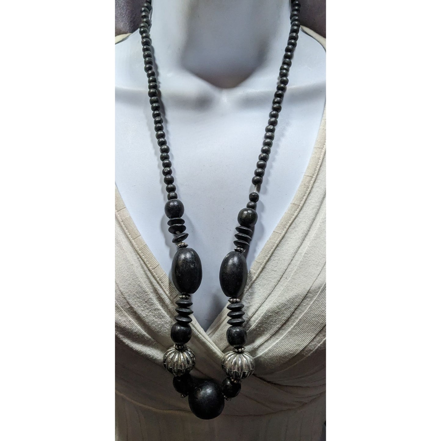 Vintage Black Wood Silver Accent Statement Artisan Necklace Handcrafted Ethnic Boho