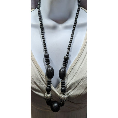 Vintage Black Wood Silver Accent Statement Artisan Necklace Handcrafted Ethnic Boho