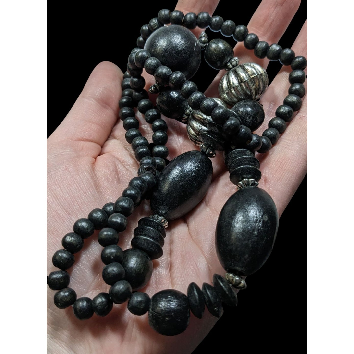 Vintage Black Wood Silver Accent Statement Artisan Necklace Handcrafted Ethnic Boho