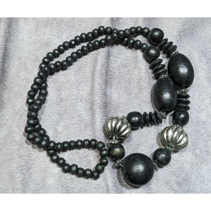 Vintage Black Wood Silver Accent Statement Artisan Necklace Handcrafted Ethnic Boho