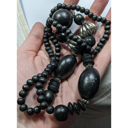 Vintage Black Wood Silver Accent Statement Artisan Necklace Handcrafted Ethnic Boho