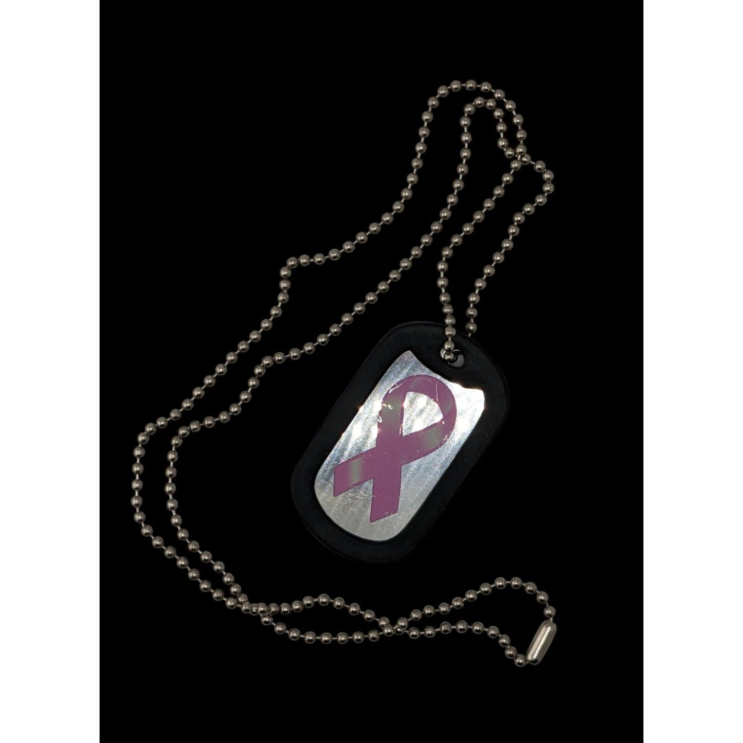 Breast Cancer Awareness Dog Tag Necklace Pink Ribbon Silver Black Rubber Edge Pendant