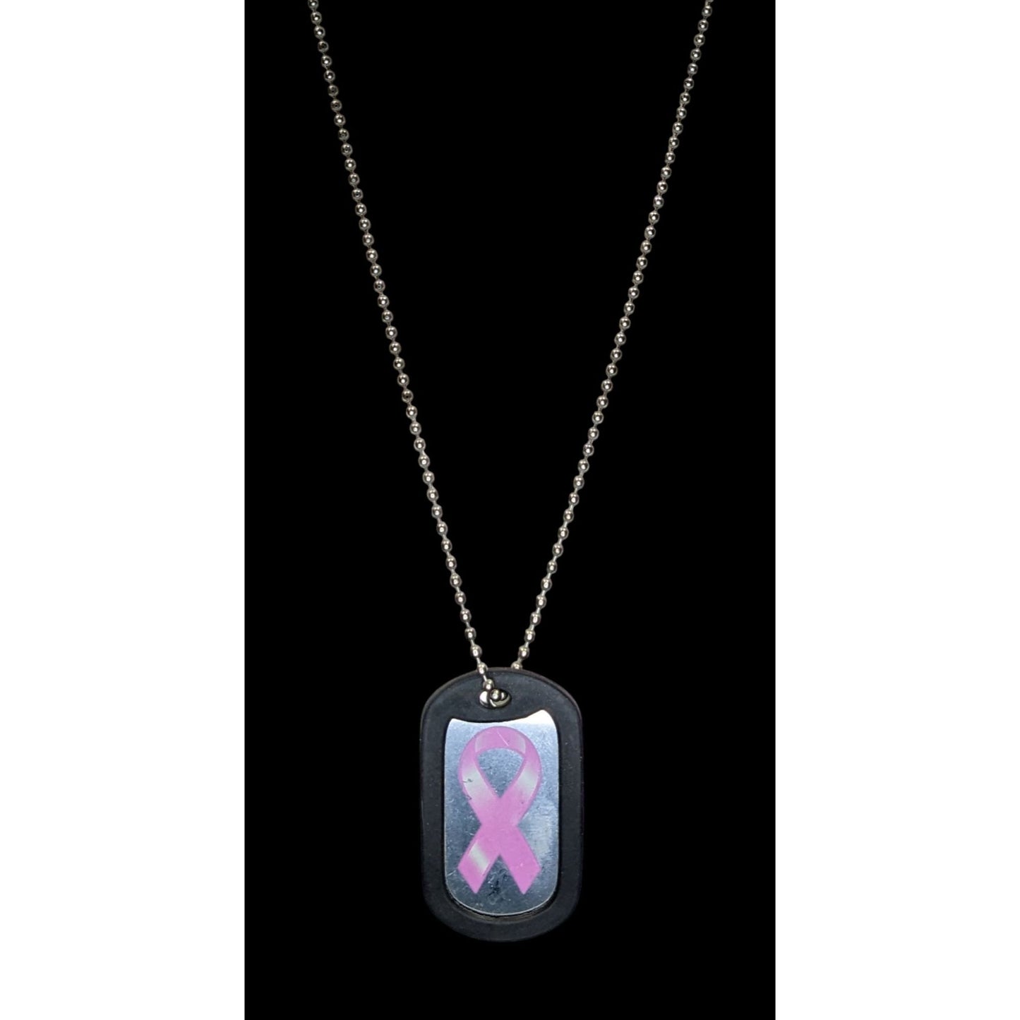Breast Cancer Awareness Dog Tag Necklace Pink Ribbon Silver Black Rubber Edge Pendant