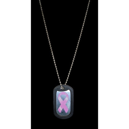 Breast Cancer Awareness Dog Tag Necklace Pink Ribbon Silver Black Rubber Edge Pendant