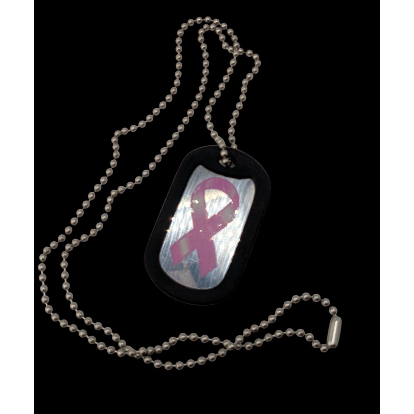 Breast Cancer Awareness Dog Tag Necklace Pink Ribbon Silver Black Rubber Edge Pendant
