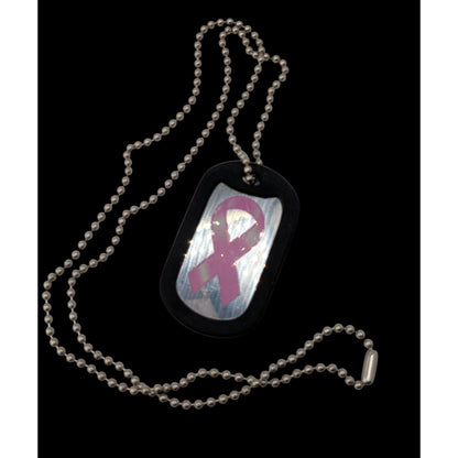 Breast Cancer Awareness Dog Tag Necklace Pink Ribbon Silver Black Rubber Edge Pendant