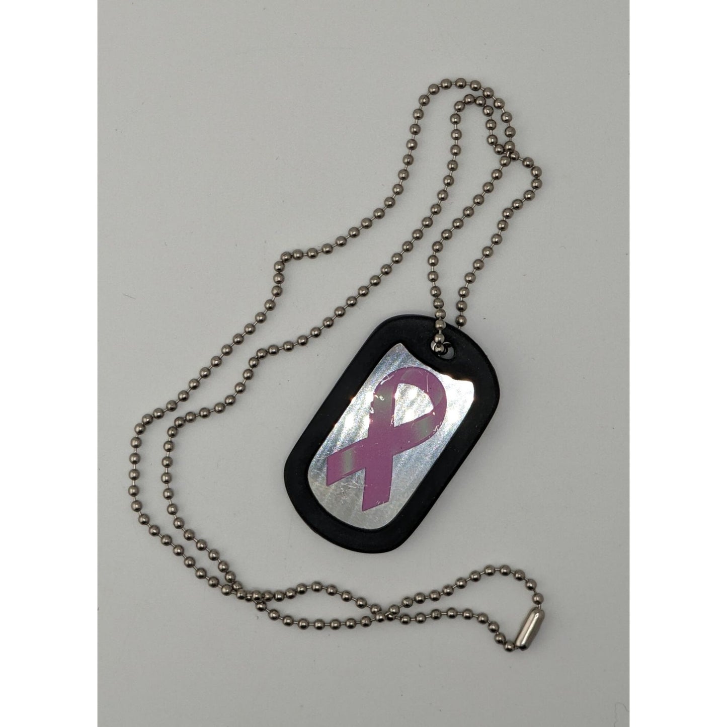 Breast Cancer Awareness Dog Tag Necklace Pink Ribbon Silver Black Rubber Edge Pendant