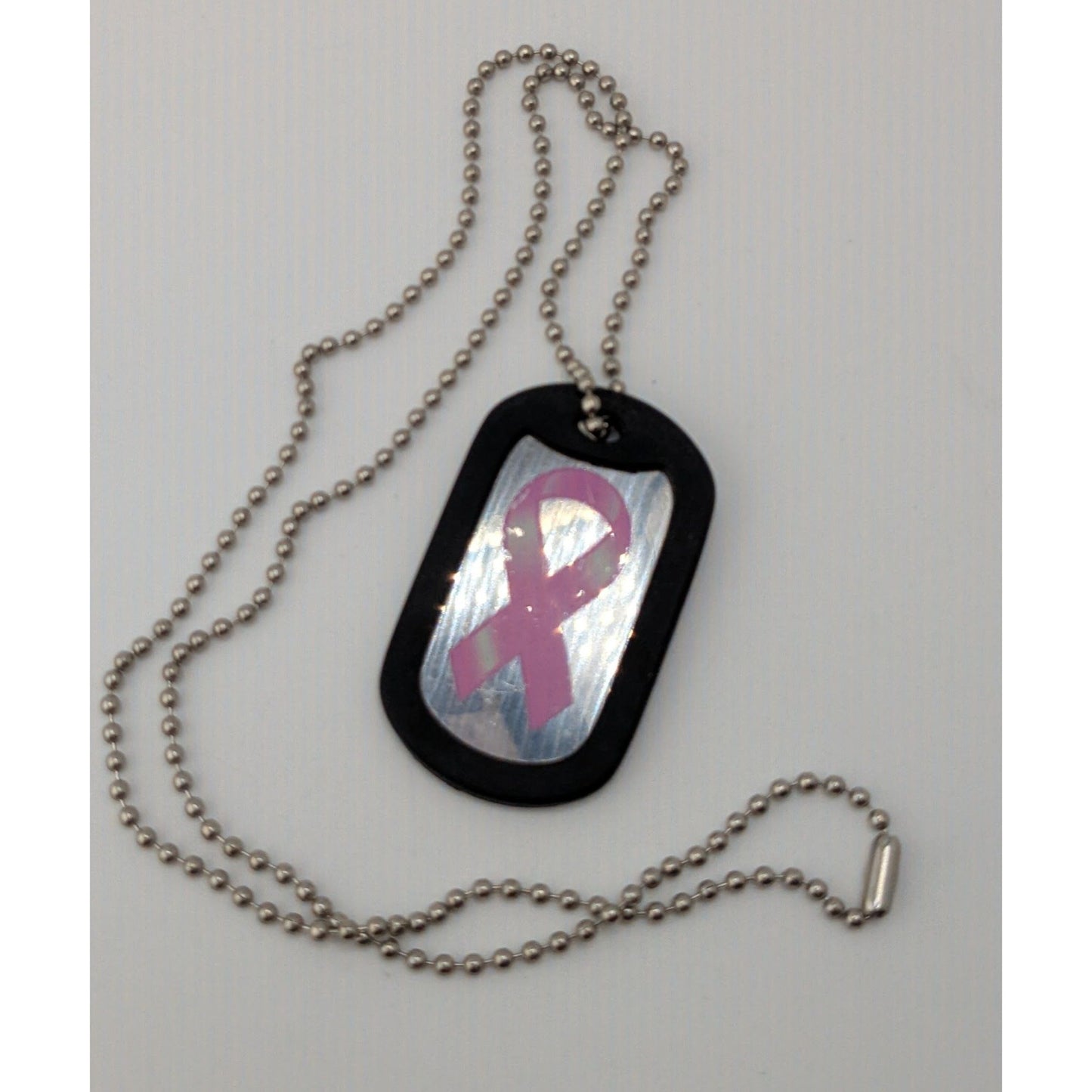 Breast Cancer Awareness Dog Tag Necklace Pink Ribbon Silver Black Rubber Edge Pendant