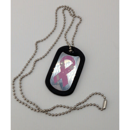 Breast Cancer Awareness Dog Tag Necklace Pink Ribbon Silver Black Rubber Edge Pendant