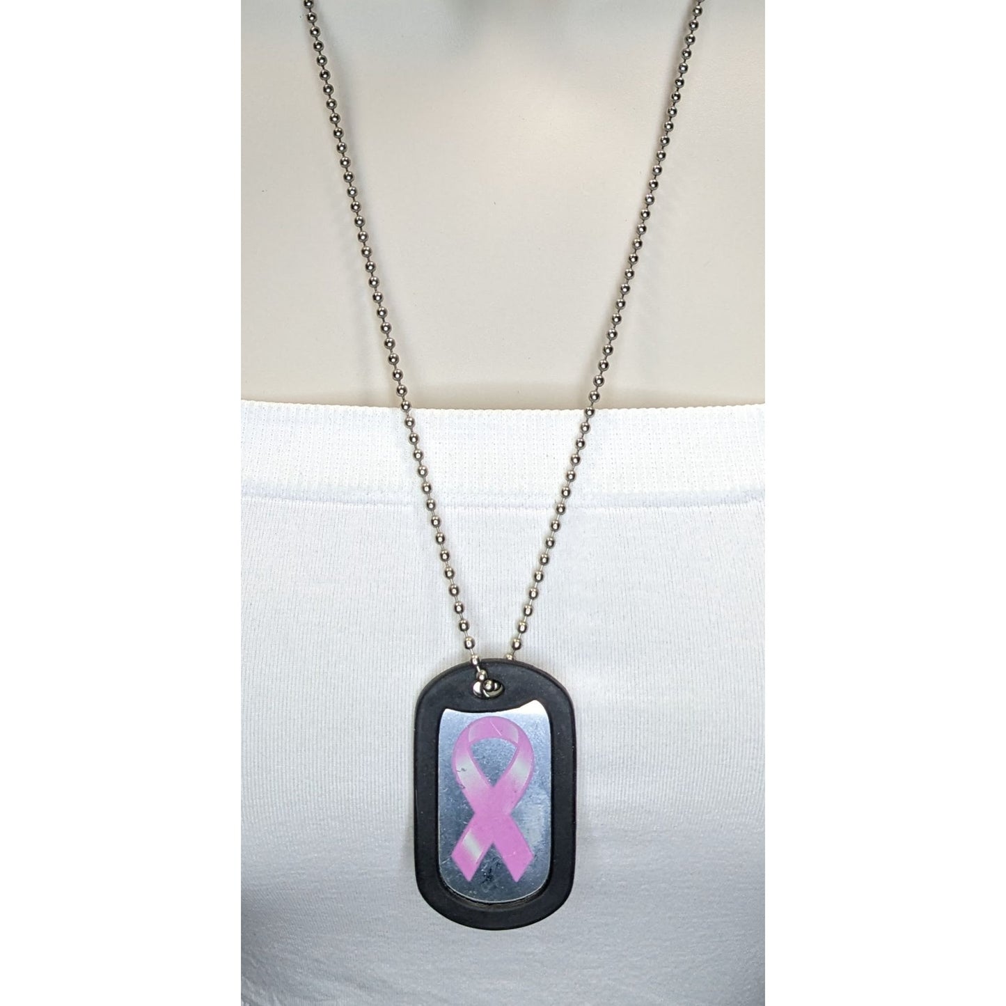 Breast Cancer Awareness Dog Tag Necklace Pink Ribbon Silver Black Rubber Edge Pendant