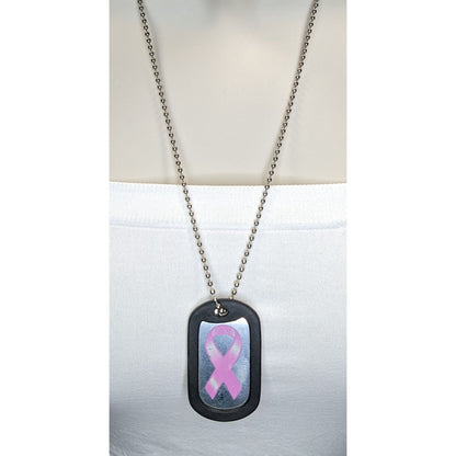 Breast Cancer Awareness Dog Tag Necklace Pink Ribbon Silver Black Rubber Edge Pendant