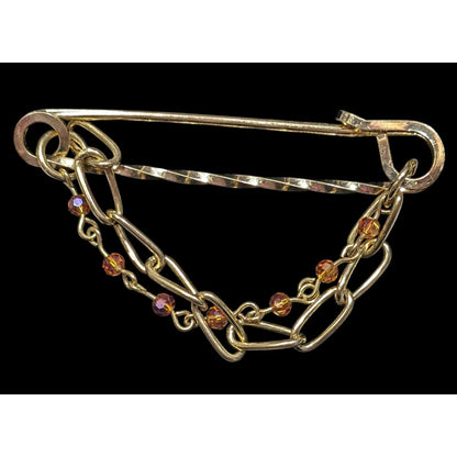 Gold Tone Safety Pin Chain Brooch With Beaded Accents