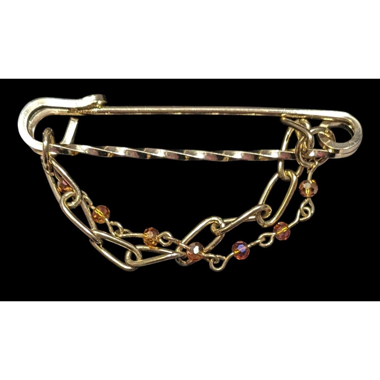 Gold Tone Safety Pin Chain Brooch With Beaded Accents