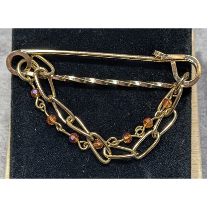 Gold Tone Safety Pin Chain Brooch With Beaded Accents