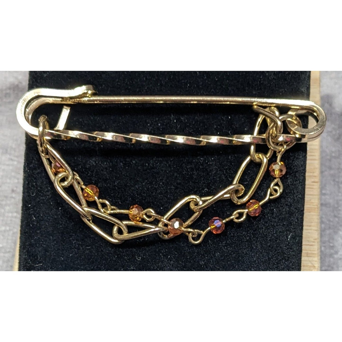 Gold Tone Safety Pin Chain Brooch With Beaded Accents