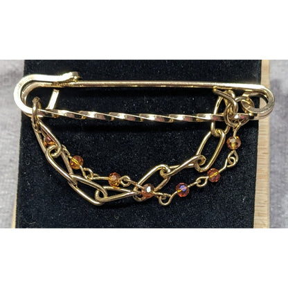 Gold Tone Safety Pin Chain Brooch With Beaded Accents